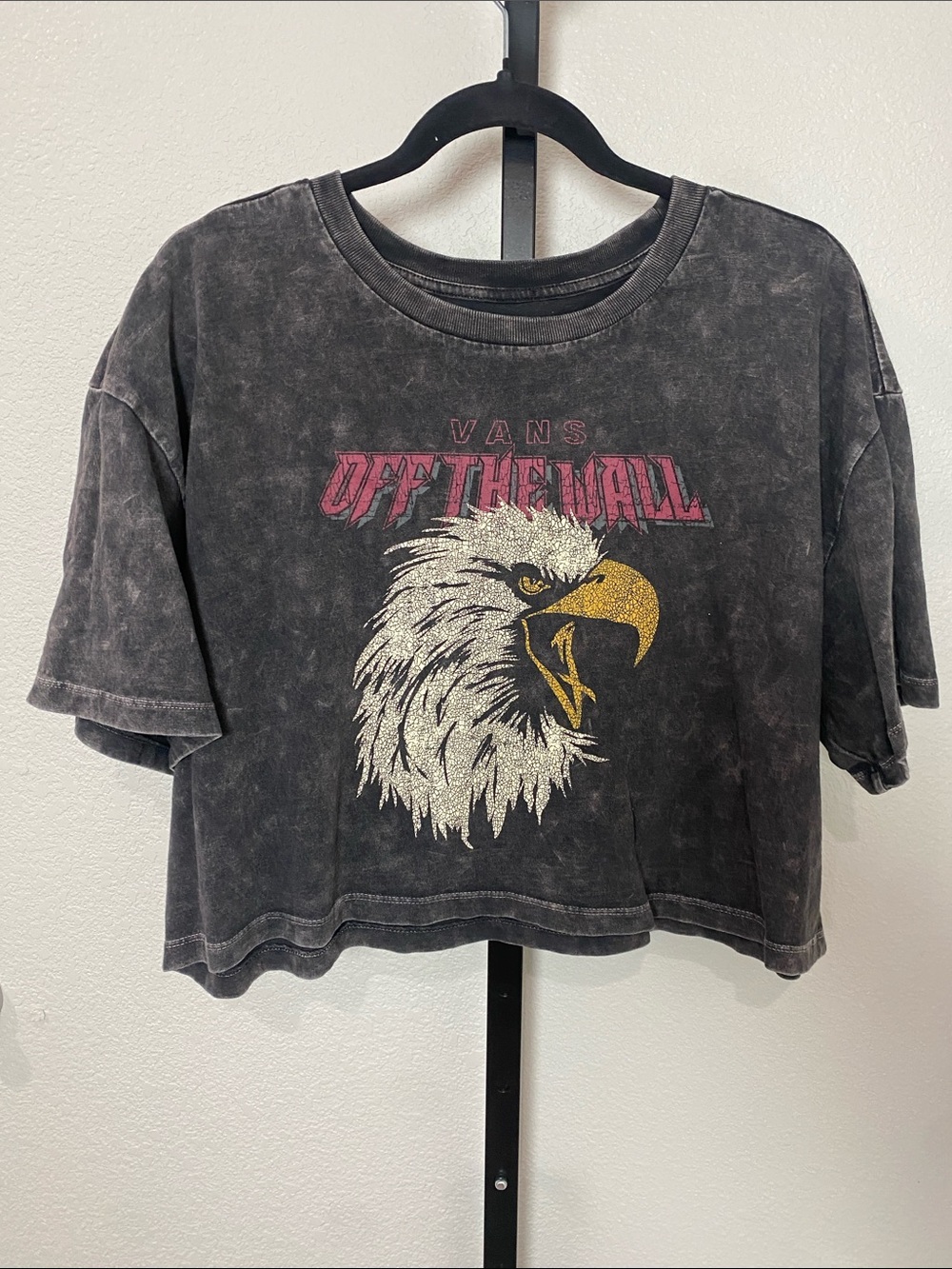 Vans Black Washed Eagle Graphic Crop cotton Tee with Pink Logo